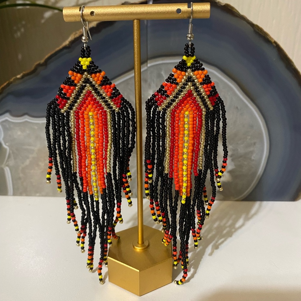 Vibrant Beaded Fringe Earrings - Black, Red, Yellow